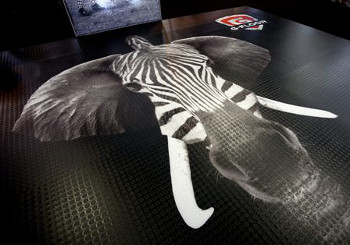 SuperWide Digital used its new EFI VUTEk GS3250LX Pro to print this dramatic floor graphic on Soyang G-Floor Clear Coin